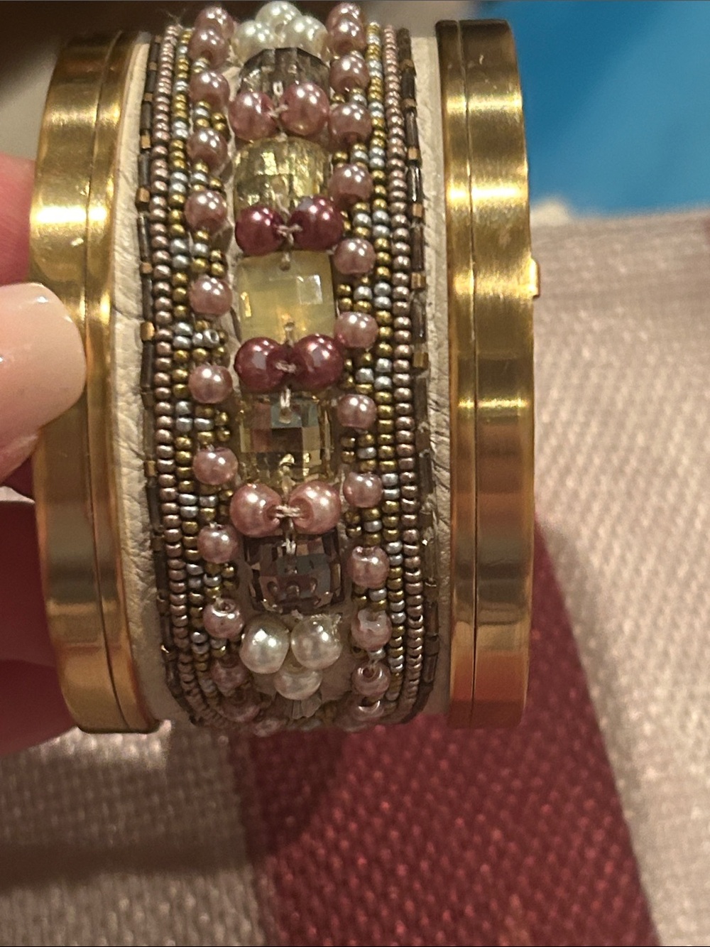 Brighton Christo New Delhi- Mandela Wide Cuff Gold Bracelet w/Elegant Beading - Picture 5 of 7